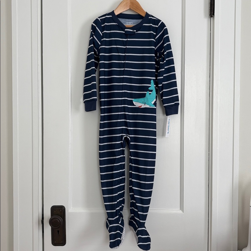 Navy Striped Baby Onesie with Shark Design